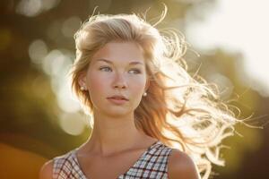 ai generado retrato de un joven hermosa niña con rubia pelo en verano en un campo en el luz de sol foto