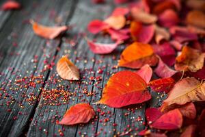 AI generated Autumn red leaves on a blue wooden background photo