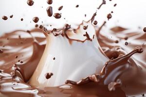 AI generated splashes of chocolate with milk. The concept of sweets photo