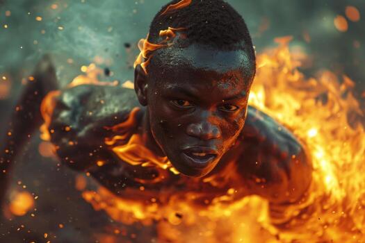 AI generated An African American running on a treadmill in flames photo