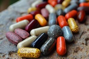 AI generated Close-up of vitamin capsules and dietary supplements. Including vitamin C, vitamin E, vitamin D3, salmon oil, fish oil and coenzyme Q10 capsules photo