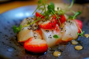 AI generated Scallop crudo with strawberries and black pepper photo
