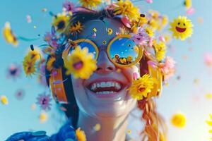 AI generated A beautiful young woman in headphones and flowers in nature. Enjoying the music photo