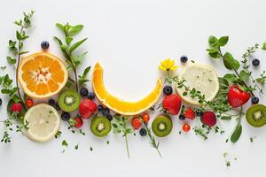 AI generated Vegetables and fruits are laid out on a white background photo