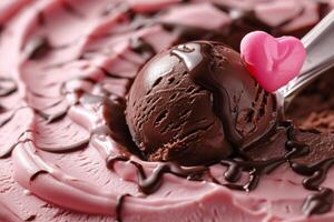 AI generated Balls of pink ice cream covered with chocolate. Strawberry flavor photo