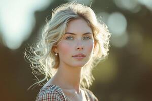 AI generated Portrait of a young beautiful girl with blonde hair in summer in a field in the sunlight photo