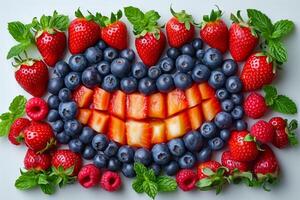 AI generated Vegetables and fruits are laid out on a white background photo