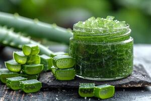 AI generated aloe gel in a cosmetic jar and fresh aloe leaves on a wooden table photo