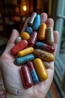 AI generated Close-up of vitamin capsules and dietary supplements. Including vitamin C, vitamin E, vitamin D3, salmon oil, fish oil and coenzyme Q10 capsules photo