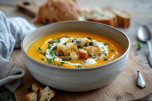 AI generated pumpkin puree soup with pumpkin seeds, cream and crunchy white bread croutons photo