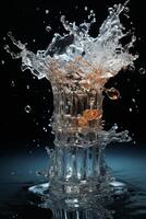 AI generated Transparent splash of water from falling glass container on a dark background photo