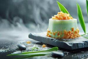 AI generated sheep yogurt and pandan sponge cake mousse with caramelized salted rice photo