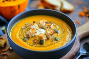 AI generated pumpkin puree soup with pumpkin seeds, cream and crunchy white bread croutons photo