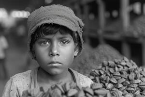 ai generado retrato de un asiático chico a trabajar. niño mano de obra. negro y blanco foto