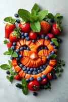 AI generated Vegetables and fruits are laid out on a white background photo