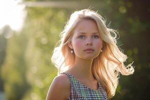 ai generado retrato de un joven hermosa niña con rubia pelo en verano en un campo en el luz de sol foto