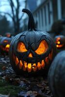 AI generated Halloween night, pumpkin in nature with burning eyes, dark atmosphere photo