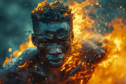 AI generated An African American running on a treadmill in flames photo