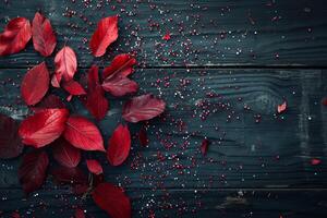 AI generated Autumn red leaves on a blue wooden background photo