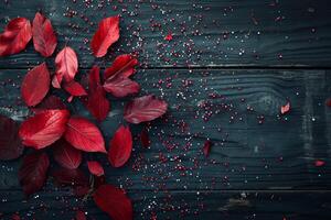 ai generado otoño rojo hojas en un azul de madera antecedentes foto