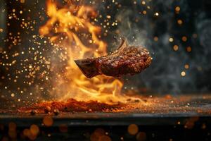 AI generated A hearty steak on fire, sizzling on a hot grill photo