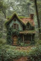 AI generated An old gloomy lost house in the woods in the wilderness photo