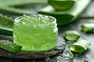 AI generated aloe gel in a cosmetic jar and fresh aloe leaves on a wooden table photo