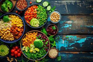 AI generated Dishes of a vegan or vegetarian restaurant with a view from above, an assortment of dishes of traditional Indian cuisine on a blue background photo