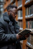 AI generated An African American man is reading in the library photo