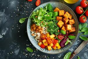 AI generated Dishes of a vegan or vegetarian restaurant with a view from above, an assortment of dishes of traditional Indian cuisine on a blue background photo