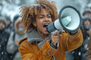 AI generated An African-American girl on a city street shouts into a megaphone at a rally photo