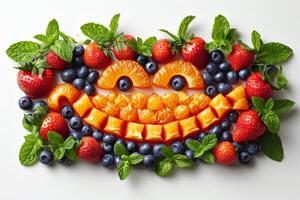 ai generado vegetales y frutas son puesto fuera en un blanco antecedentes foto