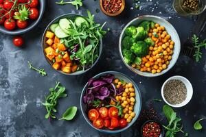 AI generated Dishes of a vegan or vegetarian restaurant with a view from above, an assortment of dishes of traditional Indian cuisine on a blue background photo
