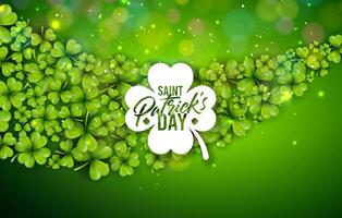 Saint Patrick's Day Illustration with Flying Clover Leaves and Typography Letter on Green Background. Irish St. Patricks Lucky Celebration Vector Design for Flyer, Greeting Card, Web Banner, Poster