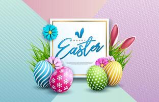 Vector Illustration of Happy Easter Holiday with Colorful Painted Egg, Rabbit Ears and Spring Flower on Pastel Color Background. International Celebration Design with Typography for Greeting Card