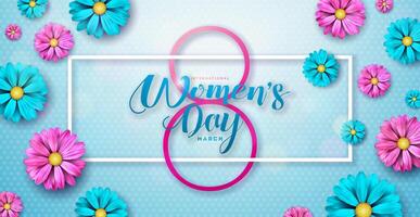 Happy Women's Day Floral Illustration. 8 March International Womens Day Vector Design with Colorful Spring Flower on Blue Background. Woman or Mother Day Theme Template for Flyer