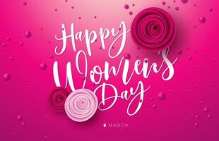 8 March. Happy Women's Day Floral Illustration. International Womens Day Vector Design with Rose Flower and Typography Letter on Light Pink Background. Woman or Mother Day Theme Template