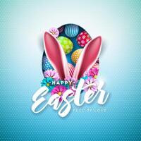 Vector Illustration of Happy Easter Holiday with Colorful Painted Egg and Rabbit Ear on Shiny Light Background. International Celebration Design with Typography for Greeting Card, Party Invitation