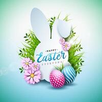 vector ilustración de contento Pascua de Resurrección fiesta con pintado huevo y primavera flor en brillante ligero azul antecedentes. internacional celebracion diseño con Conejo forma y tipografía para saludo tarjeta