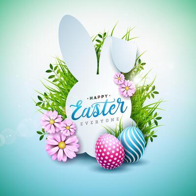 Vector Illustration of Happy Easter Holiday with Painted Egg and Spring Flower on Shiny Light Blue Background. International Celebration Design with Rabbit Shape and Typography for Greeting Card