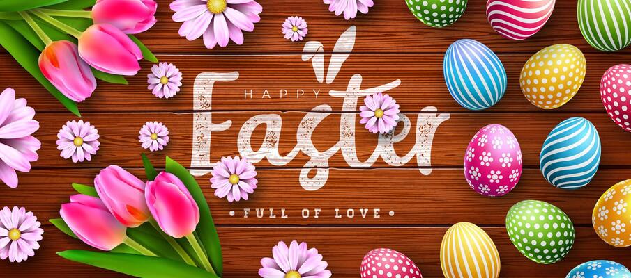 Vector Illustration of Happy Easter Holiday with Colorful Painted Egg, Tulip and Spring Flower on Vintage Wood Background. Easter Day Celebration Design with Typography Letter for Flyer