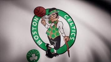 Animation of flag with symbol of Basketball Boston Celtics. Editorial animation video