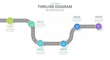 plantilla infográfica para negocios. Diagrama de línea de tiempo moderno de 6 pasos con concepto de viaje por carretera, infografía vectorial de presentación. vector