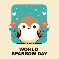 World Sparrow Day. Cute hand drawn bird with flowers. Vector illustration