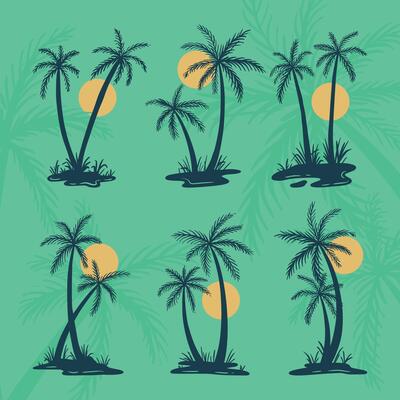 Palm Tree Coconut Tree Tropical Sunset Beach Silhouette Vector Set