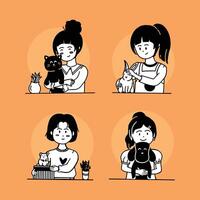 Girls Playing with Her Pet Cat, Dog, Rabbit and Hamster Vector Illustration