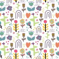 Seamless vector floral pattern with branch, heart, flowers, rainbow and leaves.