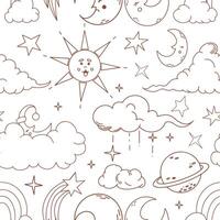 Vector graphic seamless pattern with sun, moon, clouds, stars, planet and rainbow.Cartoon design.