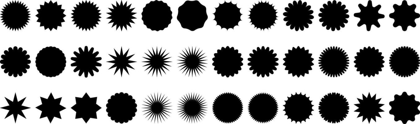 Retro sunburst vector sticker set, star shapes, sale or price tag or quality mark design, retro discount badge, sunray promotional clip art element collection