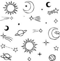 Celestial line art doodles, vector clip art set with sun moon and star elements, magical illustration collection